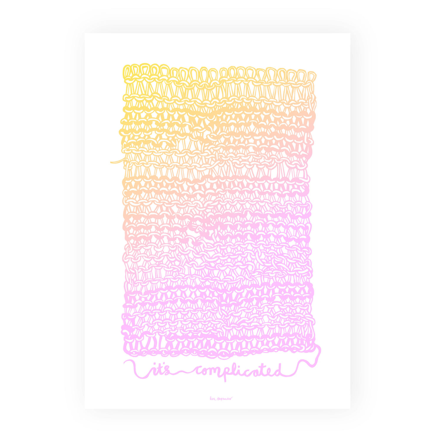 Plakatversion af papirklip, der forestiller et stort stykke strikketøj i gult og lyserødt