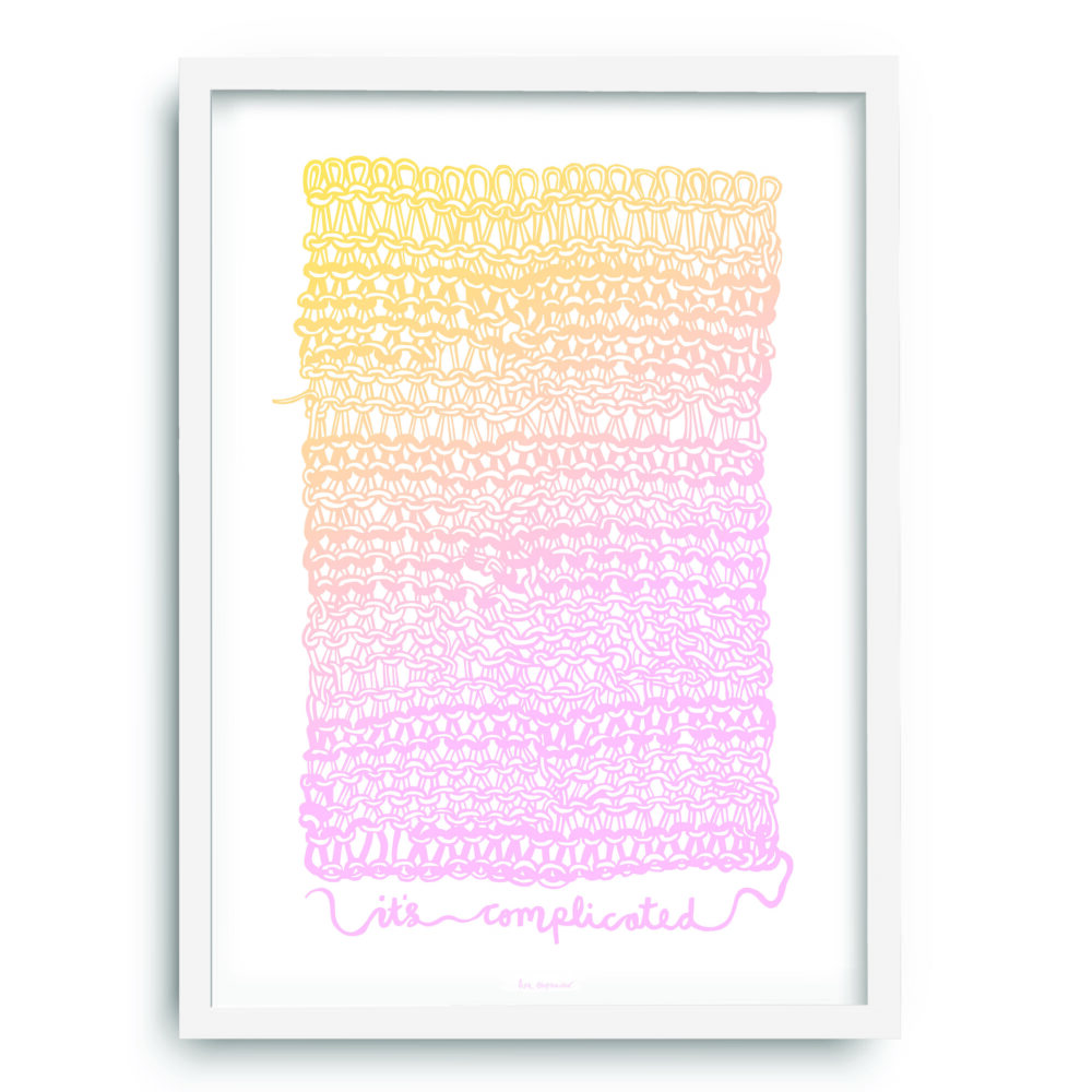 Plakatversion af papirklip, der forestiller et stort stykke strikketøj i gult og lyserødt
